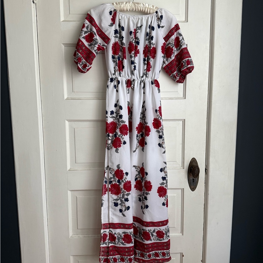 Floral Maxi Dress with Red and Blue Accents
